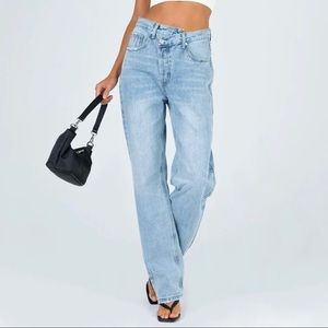 Princess Polly Holly Asymmetric Light Wash Denim High Rise Jeans NWT